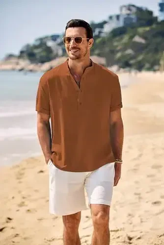 COOFANDY Men's Casual Henley Shirt Band Collar Short Sleeve Shirt Summer Beach Hippie T-Shirt - COOFANDY (1)