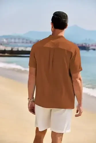 COOFANDY Men's Casual Henley Shirt Band Collar Short Sleeve Shirt Summer Beach Hippie T-Shirt - 3