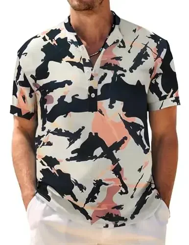 COOFANDY Men's Casual Henley Shirt Band Collar Short Sleeve Shirt Summer Beach Hippie T-Shirt - 1