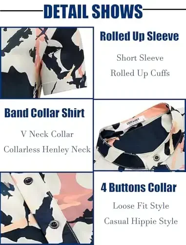COOFANDY Men's Casual Henley Shirt Band Collar Short Sleeve Shirt Summer Beach Hippie T-Shirt - 5