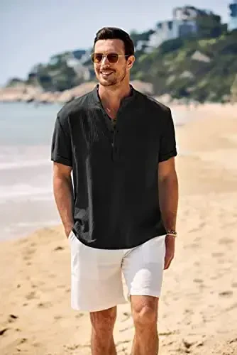 COOFANDY Men's Casual Henley Shirt Band Collar Short Sleeve Shirt Summer Beach Hippie T-Shirt - COOFANDY (1)