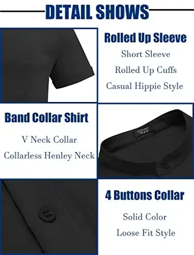 COOFANDY Men's Casual Henley Shirt Band Collar Short Sleeve Shirt Summer Beach Hippie T-Shirt - 5