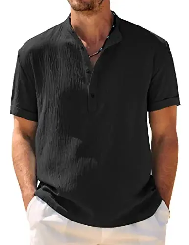 COOFANDY Men's Casual Henley Shirt Band Collar Short Sleeve Shirt Summer Beach Hippie T-Shirt - COOFANDY