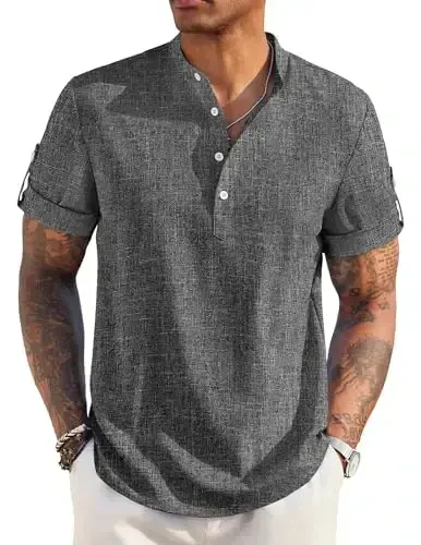 COOFANDY Men's Casual Henley Shirt Band Collar Short Sleeve Shirt Summer Beach Hippie T-Shirt 