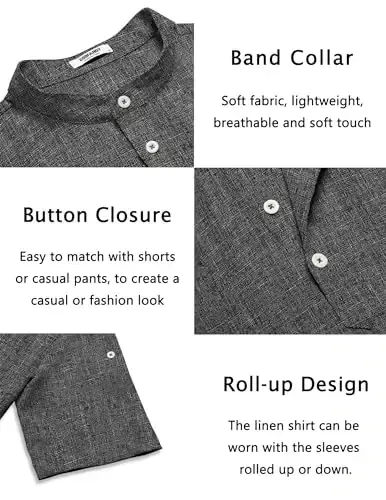 COOFANDY Men's Casual Henley Shirt Band Collar Short Sleeve Shirt Summer Beach Hippie T-Shirt - 5