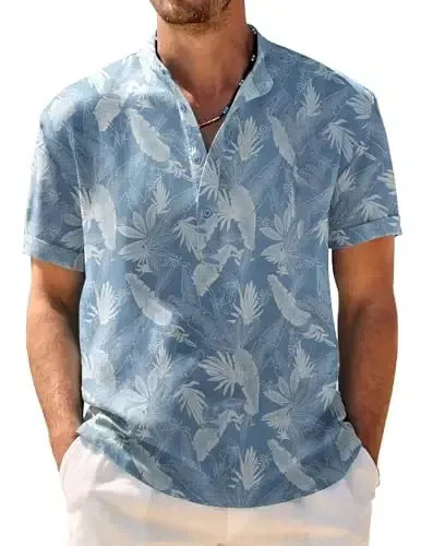 COOFANDY Men's Casual Henley Shirt Band Collar Short Sleeve Shirt Summer Beach Hippie T-Shirt - COOFANDY