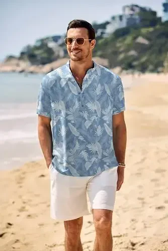 COOFANDY Men's Casual Henley Shirt Band Collar Short Sleeve Shirt Summer Beach Hippie T-Shirt - 2