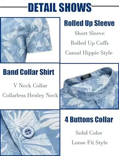 COOFANDY Men's Casual Henley Shirt Band Collar Short Sleeve Shirt Summer Beach Hippie T-Shirt - 5