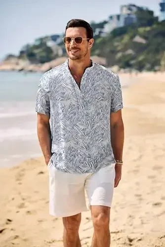 COOFANDY Men's Casual Henley Shirt Band Collar Short Sleeve Shirt Summer Beach Hippie T-Shirt - 2
