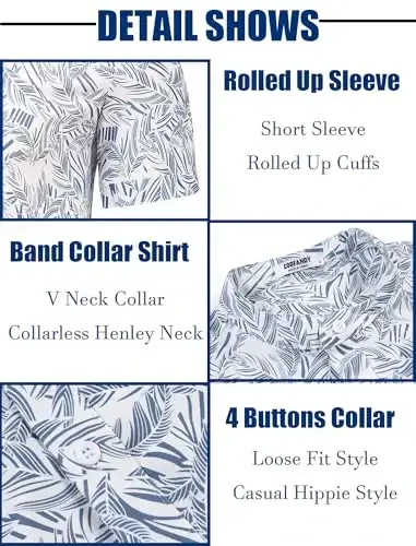 COOFANDY Men's Casual Henley Shirt Band Collar Short Sleeve Shirt Summer Beach Hippie T-Shirt - 6