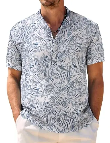 COOFANDY Men's Casual Henley Shirt Band Collar Short Sleeve Shirt Summer Beach Hippie T-Shirt - COOFANDY