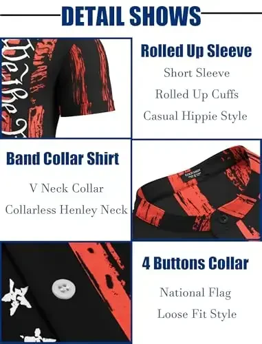 COOFANDY Men's Casual Henley Shirt Band Collar Short Sleeve Shirt Summer Beach Hippie T-Shirt - 5