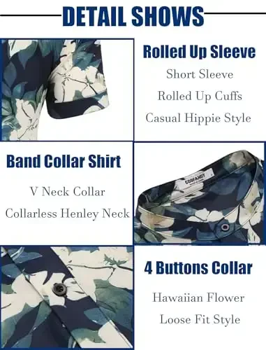 COOFANDY Men's Casual Henley Shirt Band Collar Short Sleeve Shirt Summer Beach Hippie T-Shirt - 6