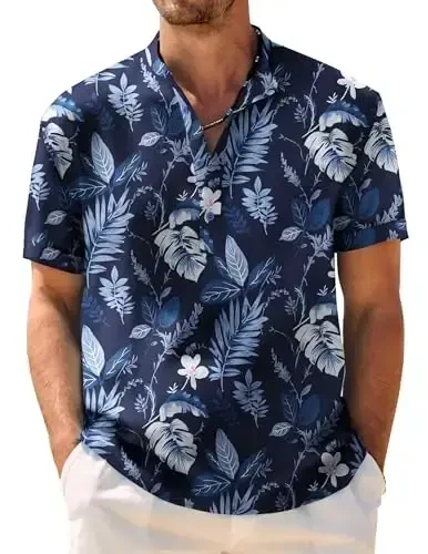 COOFANDY Men's Casual Henley Shirt Band Collar Short Sleeve Shirt Summer Beach Hippie T-Shirt - 1