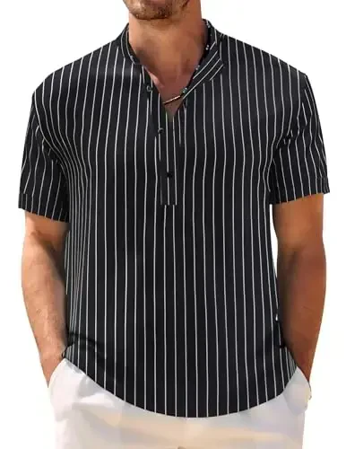 COOFANDY Men's Casual Henley Shirt Band Collar Short Sleeve Shirt Summer Beach Hippie T-Shirt - 1