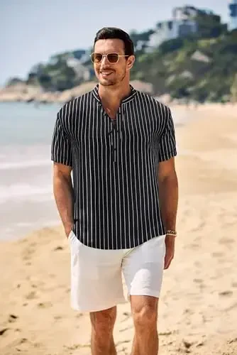 COOFANDY Men's Casual Henley Shirt Band Collar Short Sleeve Shirt Summer Beach Hippie T-Shirt - COOFANDY (1)