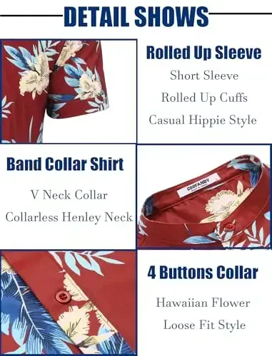 COOFANDY Men's Casual Henley Shirt Band Collar Short Sleeve Shirt Summer Beach Hippie T-Shirt - 5