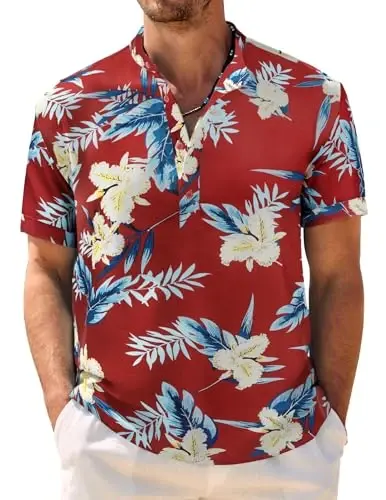 COOFANDY Men's Casual Henley Shirt Band Collar Short Sleeve Shirt Summer Beach Hippie T-Shirt - 6