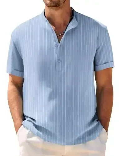 COOFANDY Men's Casual Henley Shirt Band Collar Short Sleeve Shirt Summer Beach Hippie T-Shirt - 1