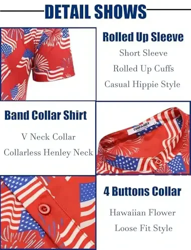COOFANDY Men's Casual Henley Shirt Band Collar Short Sleeve Shirt Summer Beach Hippie T-Shirt - 5