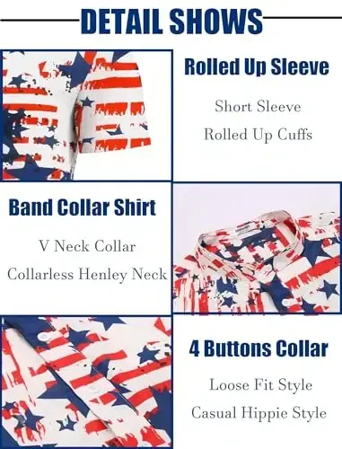 COOFANDY Men's Casual Henley Shirt Band Collar Short Sleeve Shirt Summer Beach Hippie T-Shirt - 5