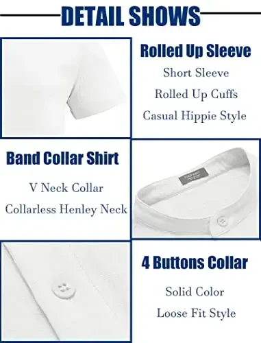 COOFANDY Men's Casual Henley Shirt Band Collar Short Sleeve Shirt Summer Beach Hippie T-Shirt - 5