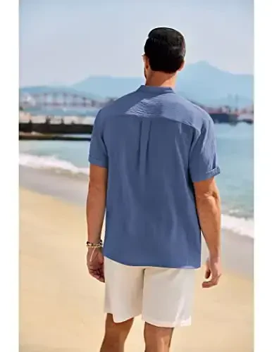 COOFANDY Men's Casual Henley Shirt Band Collar Short Sleeve Shirt Summer Beach Hippie T-Shirt - 3