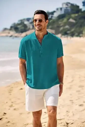 COOFANDY Men's Casual Henley Shirt Band Collar Short Sleeve Shirt Summer Beach Hippie T-Shirt - COOFANDY (1)
