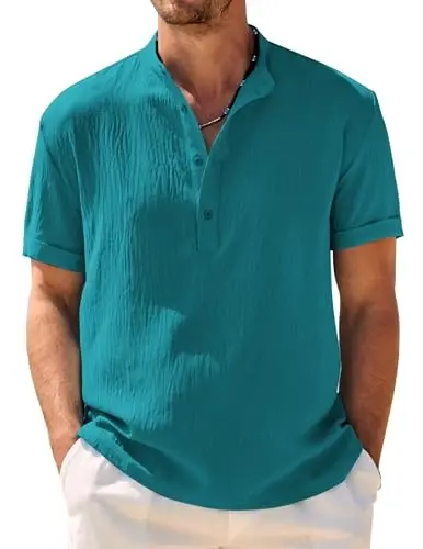 COOFANDY Men's Casual Henley Shirt Band Collar Short Sleeve Shirt Summer Beach Hippie T-Shirt - COOFANDY