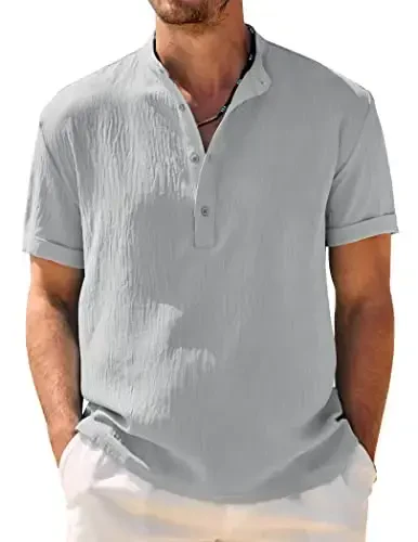 COOFANDY Men's Casual Henley Shirt Band Collar Short Sleeve Shirt Summer Beach Hippie T-Shirt 
