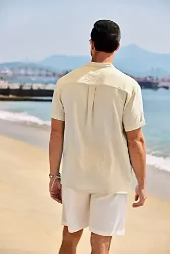 COOFANDY Men's Casual Henley Shirt Band Collar Short Sleeve Shirt Summer Beach Hippie T-Shirt - 3