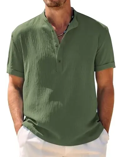 COOFANDY Men's Casual Henley Shirt Band Collar Short Sleeve Shirt Summer Beach Hippie T-Shirt - 1