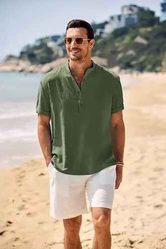 COOFANDY Men's Casual Henley Shirt Band Collar Short Sleeve Shirt Summer Beach Hippie T-Shirt - 2