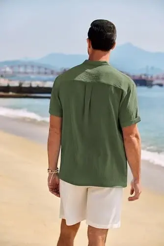 COOFANDY Men's Casual Henley Shirt Band Collar Short Sleeve Shirt Summer Beach Hippie T-Shirt - 3