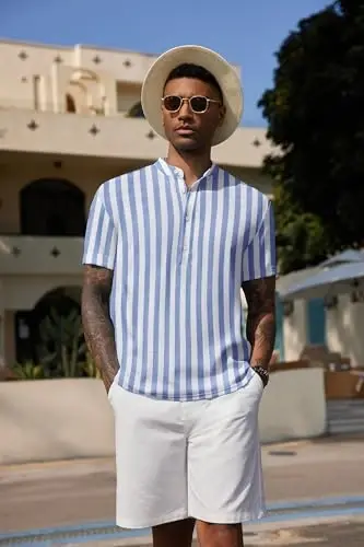 COOFANDY Men's Casual Henley Shirt Band Collar Short Sleeve Shirt Summer Beach Hippie T-Shirt - 4