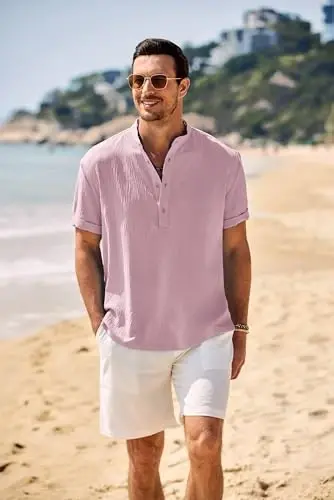 COOFANDY Men's Casual Henley Shirt Band Collar Short Sleeve Shirt Summer Beach Hippie T-Shirt - 2