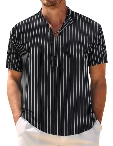COOFANDY Men's Casual Henley Shirt Band Collar Short Sleeve Shirt Summer Beach Hippie T-Shirt - 1