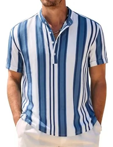 COOFANDY Men's Casual Henley Shirt Band Collar Short Sleeve Shirt Summer Beach Hippie T-Shirt 