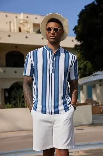 COOFANDY Men's Casual Henley Shirt Band Collar Short Sleeve Shirt Summer Beach Hippie T-Shirt - COOFANDY (1)