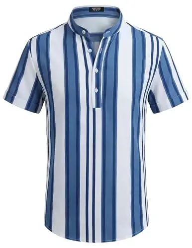 COOFANDY Men's Casual Henley Shirt Band Collar Short Sleeve Shirt Summer Beach Hippie T-Shirt - 4