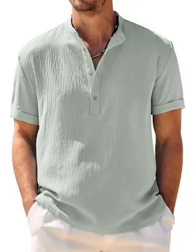 COOFANDY Men's Casual Henley Shirt Band Collar Short Sleeve Shirt Summer Beach Hippie T-Shirt - COOFANDY