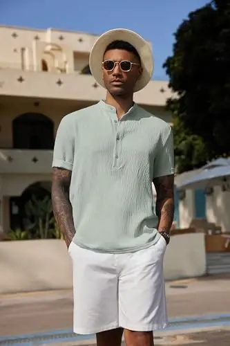 COOFANDY Men's Casual Henley Shirt Band Collar Short Sleeve Shirt Summer Beach Hippie T-Shirt - 4