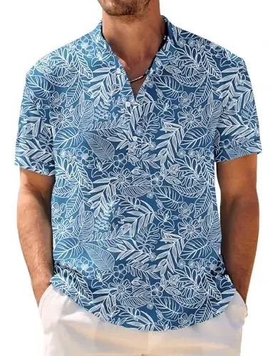 COOFANDY Men's Casual Henley Shirt Band Collar Short Sleeve Shirt Summer Beach Hippie T-Shirt 