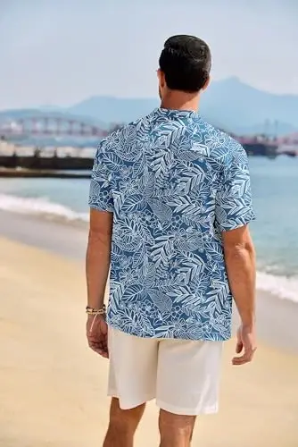COOFANDY Men's Casual Henley Shirt Band Collar Short Sleeve Shirt Summer Beach Hippie T-Shirt - 3