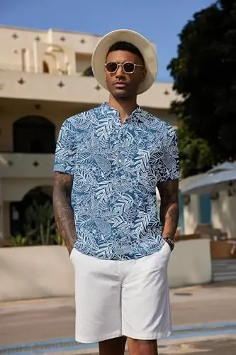 COOFANDY Men's Casual Henley Shirt Band Collar Short Sleeve Shirt Summer Beach Hippie T-Shirt - 4
