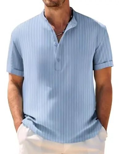 COOFANDY Men's Casual Henley Shirt Band Collar Short Sleeve Shirt Summer Beach Hippie T-Shirt - COOFANDY