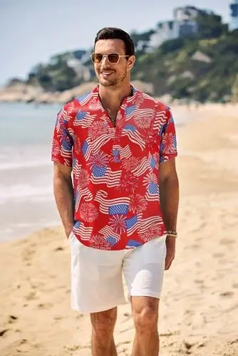 COOFANDY Men's Casual Henley Shirt Band Collar Short Sleeve Shirt Summer Beach Hippie T-Shirt - COOFANDY (1)