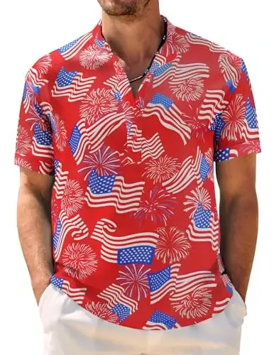 COOFANDY Men's Casual Henley Shirt Band Collar Short Sleeve Shirt Summer Beach Hippie T-Shirt - 1