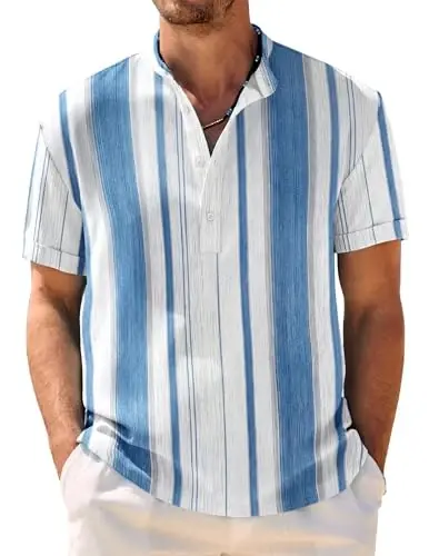 COOFANDY Men's Casual Henley Shirt Band Collar Short Sleeve Shirt Summer Beach Hippie T-Shirt 