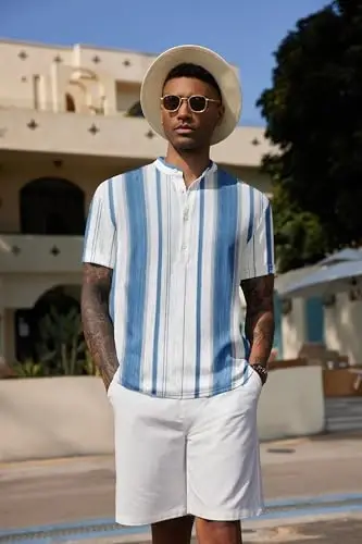 COOFANDY Men's Casual Henley Shirt Band Collar Short Sleeve Shirt Summer Beach Hippie T-Shirt - 4